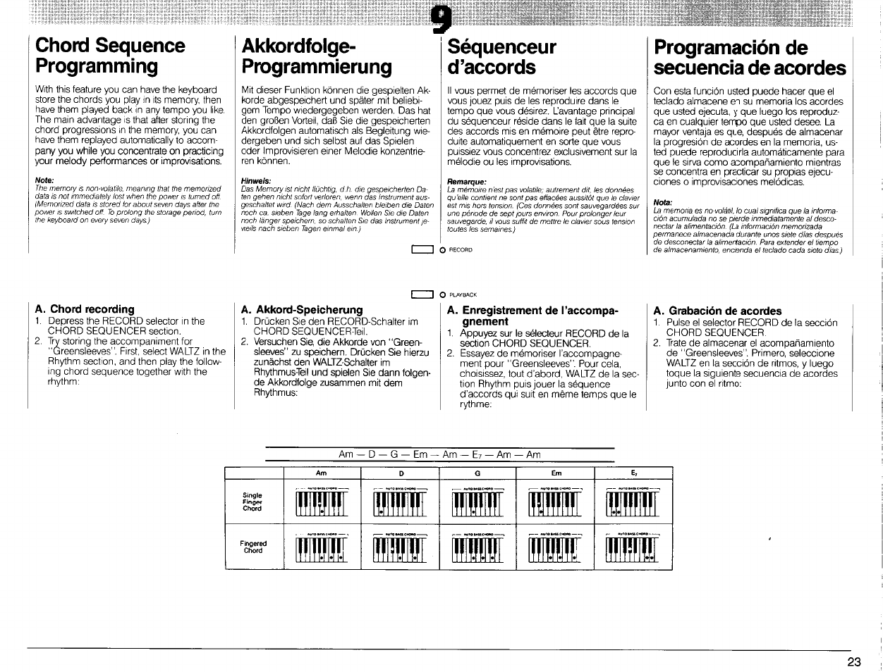 Akkordfolge- programmierung, Séquenceur, D’accords | A. akkord-speicherung, A. enregistrement de l’accompagnement, D'accords, I 1b1, Lj 11n, Chord sequence programming, Séquenceur d’accords | Yamaha PSR-80 User Manual | Page 25 / 35
