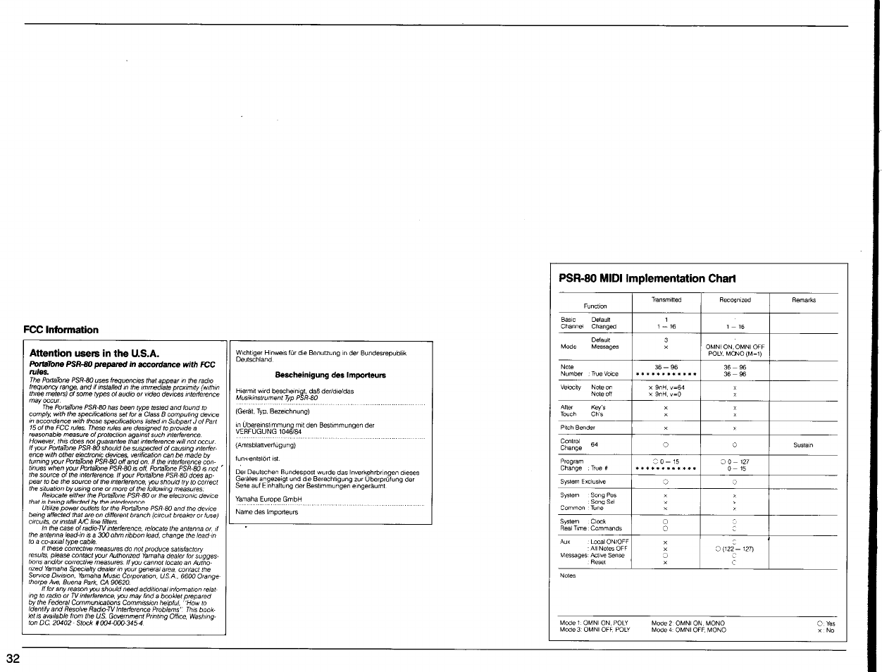 Psr-80 midi implementation chart | Yamaha PSR-80 User Manual | Page 34 / 35