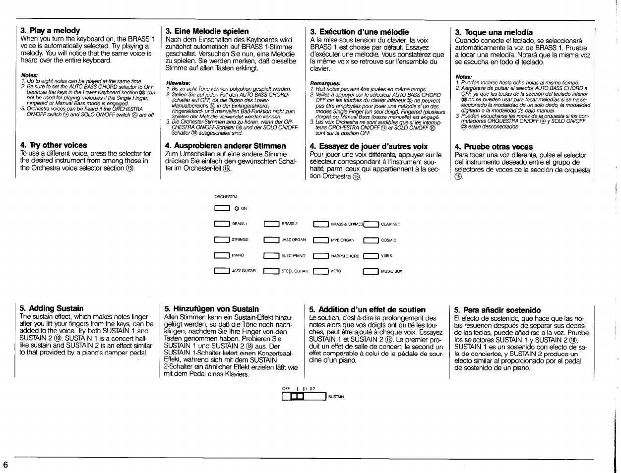 Play a melody, Try other voices, Eine melodie spielen | Ausprobieren anderer stimmen, Exécution d’une méiodie, Essayez de jouer d’autres voix, Toque una melodía, Pruebe otras voces, Adding sustain, Hinzufügen von sustain | Yamaha PSR-80 User Manual | Page 8 / 35