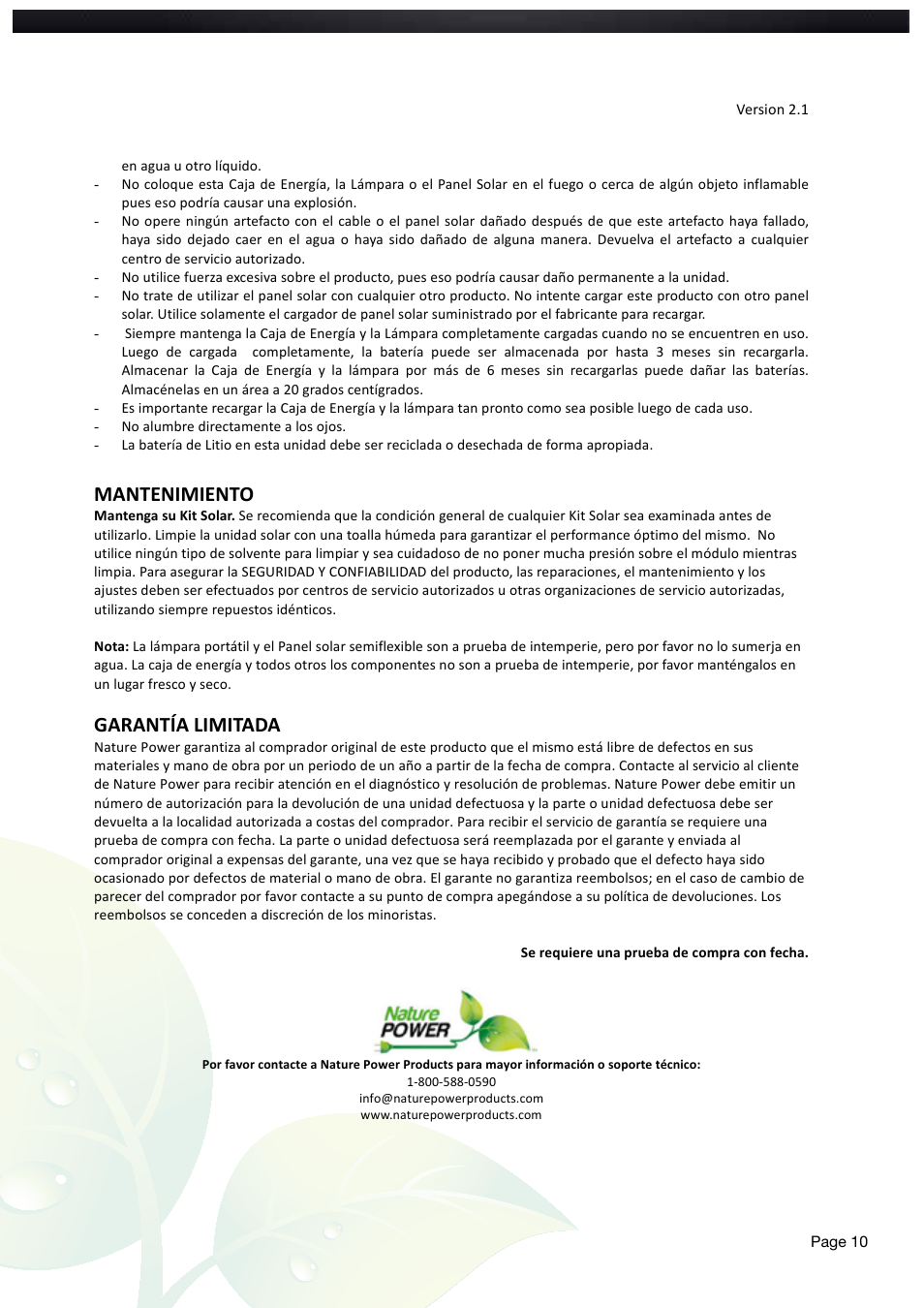 Mantenimiento, Garantía limitada | Nature Power Emergency Solar Power System (49802) User Manual | Page 10 / 12