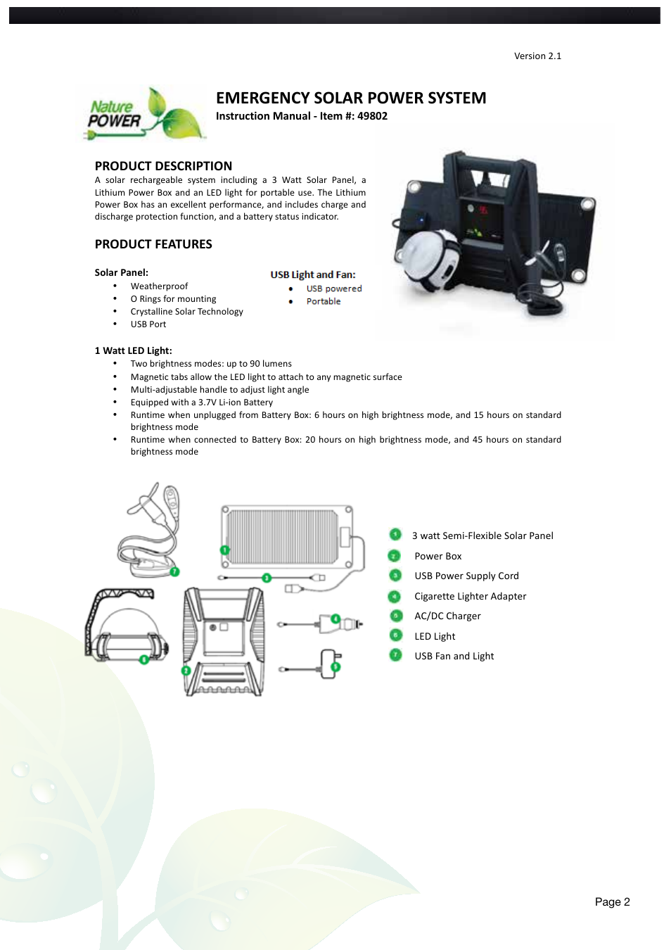 Emergency solar power system, Product description, Product features | Nature Power Emergency Solar Power System (49802) User Manual | Page 2 / 12