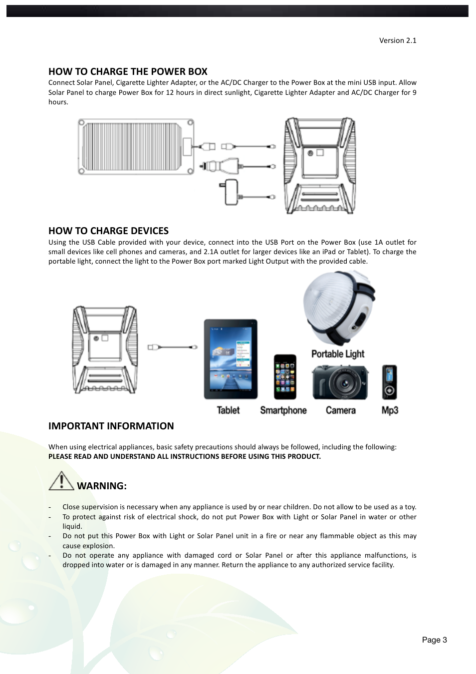 How to charge the power box, How to charge devices, Important information | Warning | Nature Power Emergency Solar Power System (49802) User Manual | Page 3 / 12