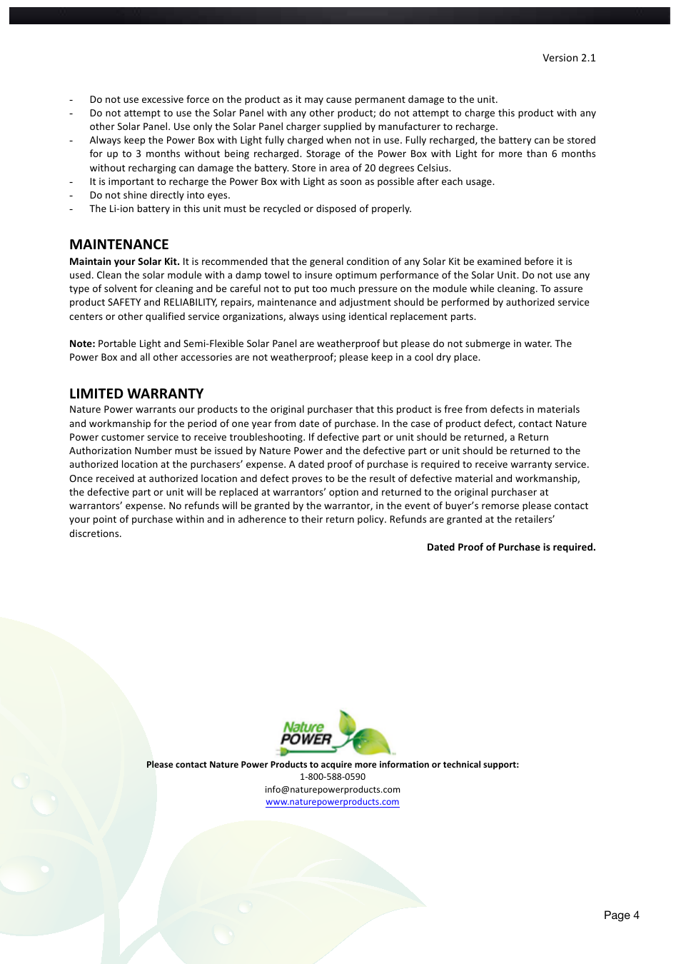 Maintenance, Limited warranty | Nature Power Emergency Solar Power System (49802) User Manual | Page 4 / 12