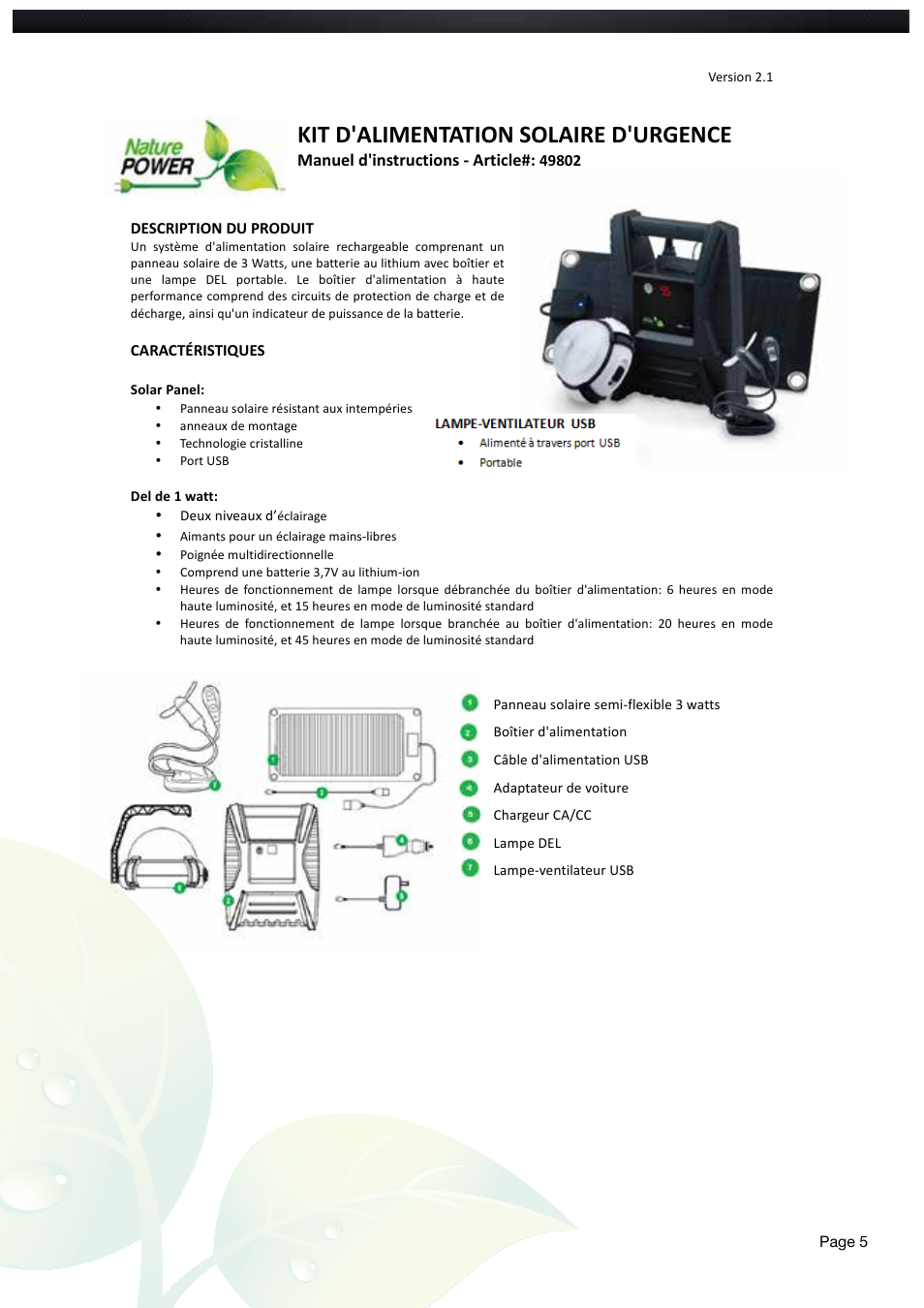 Kit d'alimentation solaire d'urgence | Nature Power Emergency Solar Power System (49802) User Manual | Page 5 / 12