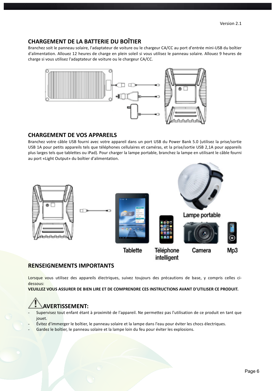 Chargement de la batterie du boîtier, Chargement de vos appareils, Renseignements importants | Avertissement | Nature Power Emergency Solar Power System (49802) User Manual | Page 6 / 12