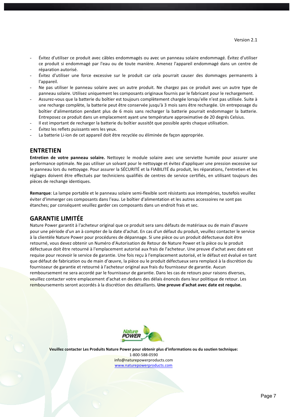 Entretien, Garantie limitée | Nature Power Emergency Solar Power System (49802) User Manual | Page 7 / 12