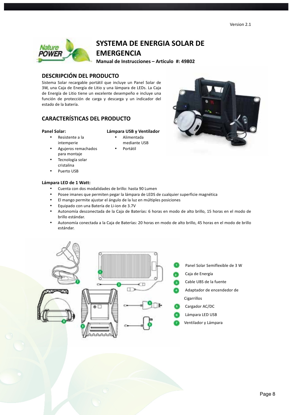 Systema de energia solar de emergencia, Descripción del producto, Características del producto | Nature Power Emergency Solar Power System (49802) User Manual | Page 8 / 12