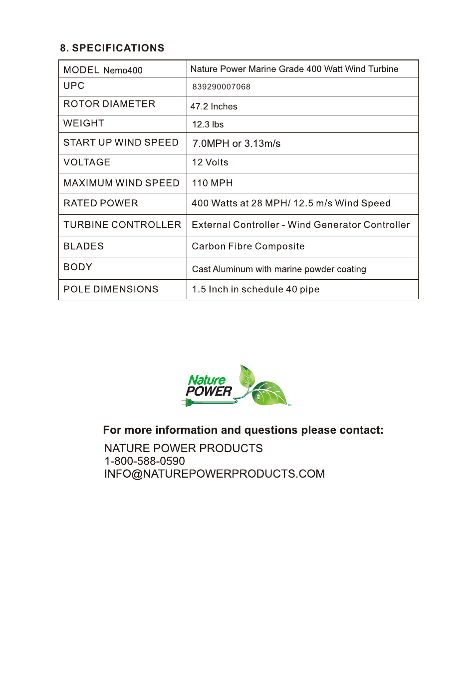 页 16 | Nature Power Marine Grade 400 Watt Wind Turbine (70500) User Manual | Page 16 / 16