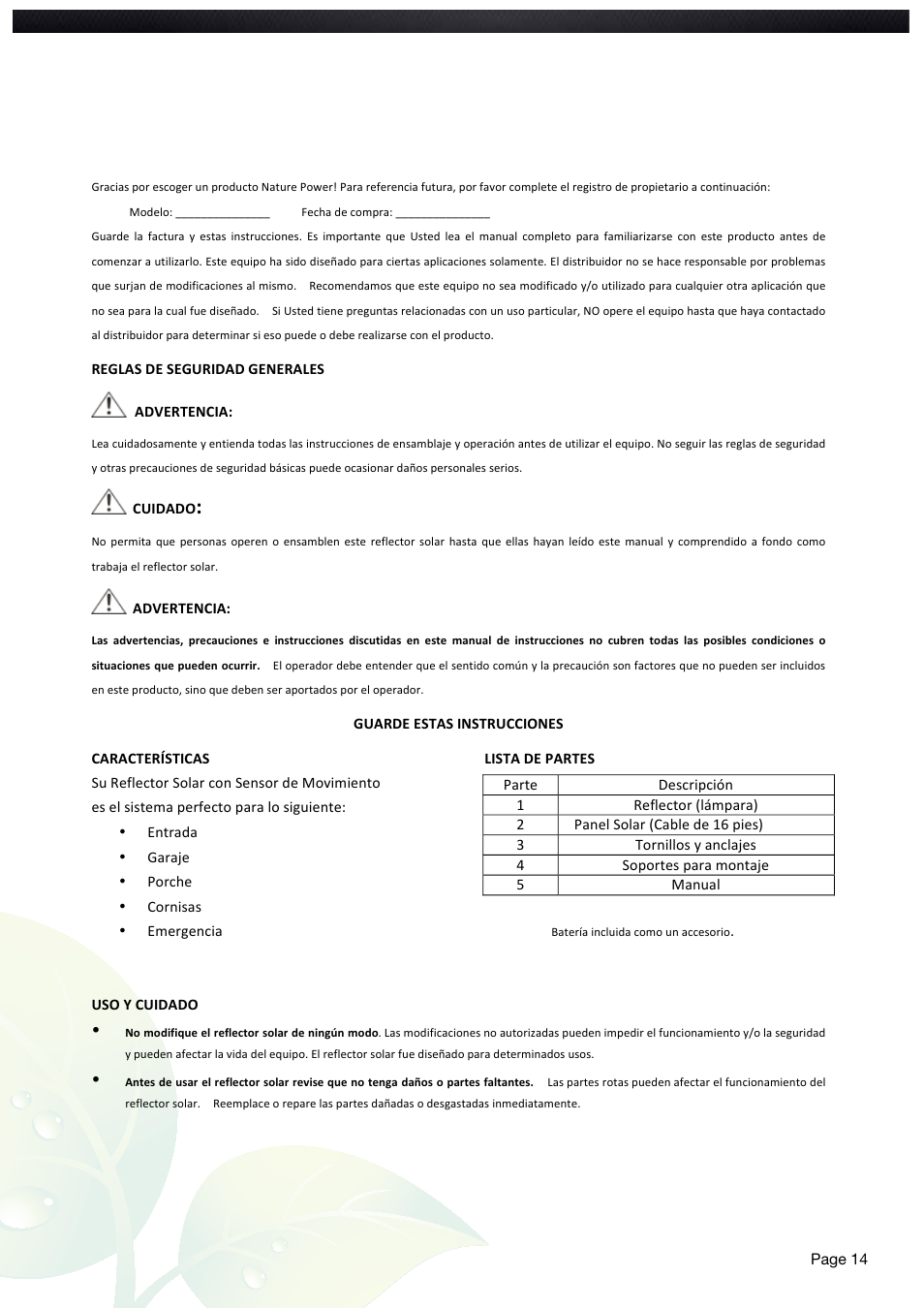 Nature Power Solar Motion Light 500 Single (22260) User Manual | Page 14 / 20