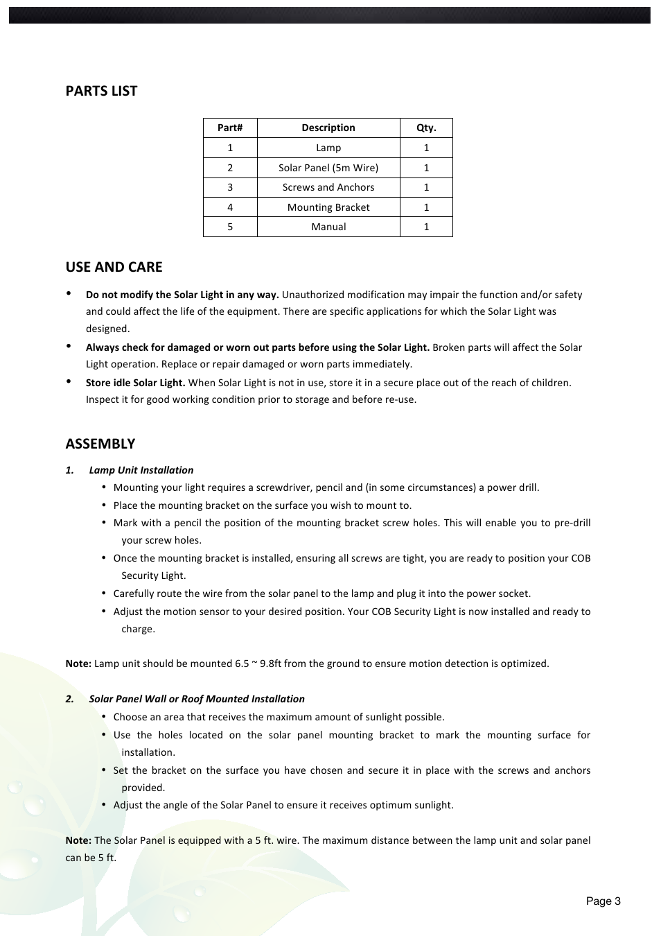 Parts list, Use and care, Assembly | Nature Power Solar Motion Light 500 Single (22260) User Manual | Page 3 / 20