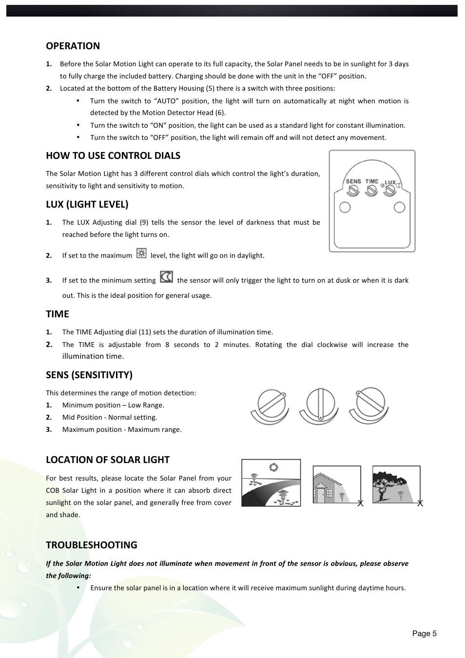 Operation, How to use control dials, Lux (light level) | Time, Sens (sensitivity), Location of solar light, Troubleshooting | Nature Power Solar Motion Light 500 Single (22260) User Manual | Page 5 / 20