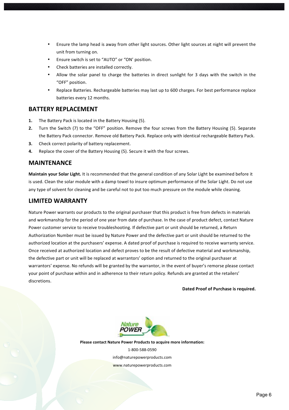 Battery replacement, Maintenance, Limited warranty | Nature Power Solar Motion Light 500 Single (22260) User Manual | Page 6 / 20
