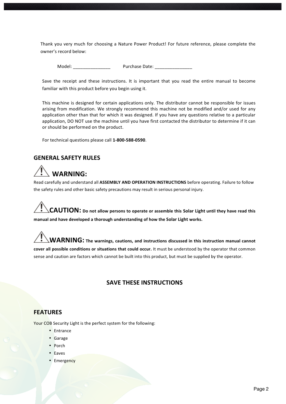 Warning, Caution, General safety rules | Save these instructions features | Nature Power Solar Motion Light 600 Dual (22060) User Manual | Page 2 / 20