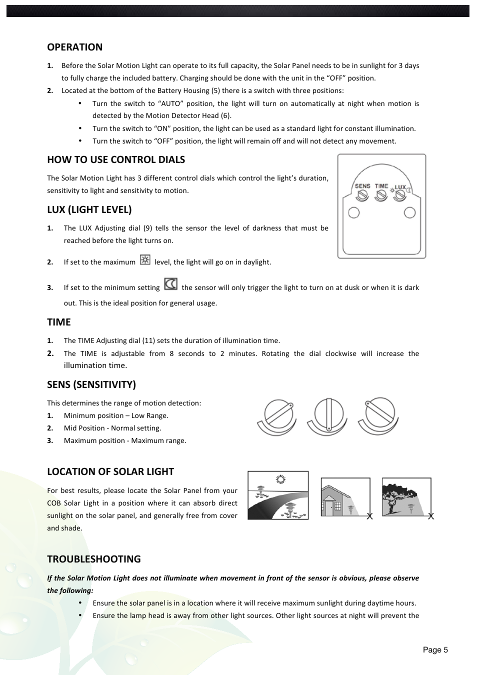 Operation, How to use control dials, Lux (light level) | Time, Sens (sensitivity), Location of solar light, Troubleshooting | Nature Power Solar Motion Light 600 Dual (22060) User Manual | Page 5 / 20