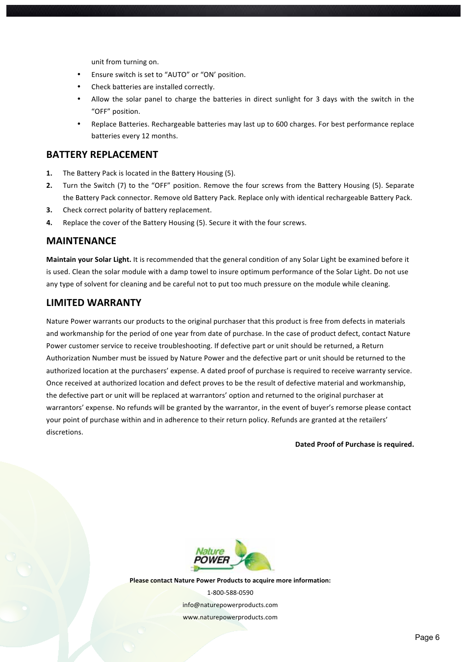 Battery replacement, Maintenance, Limited warranty | Nature Power Solar Motion Light 600 Dual (22060) User Manual | Page 6 / 20