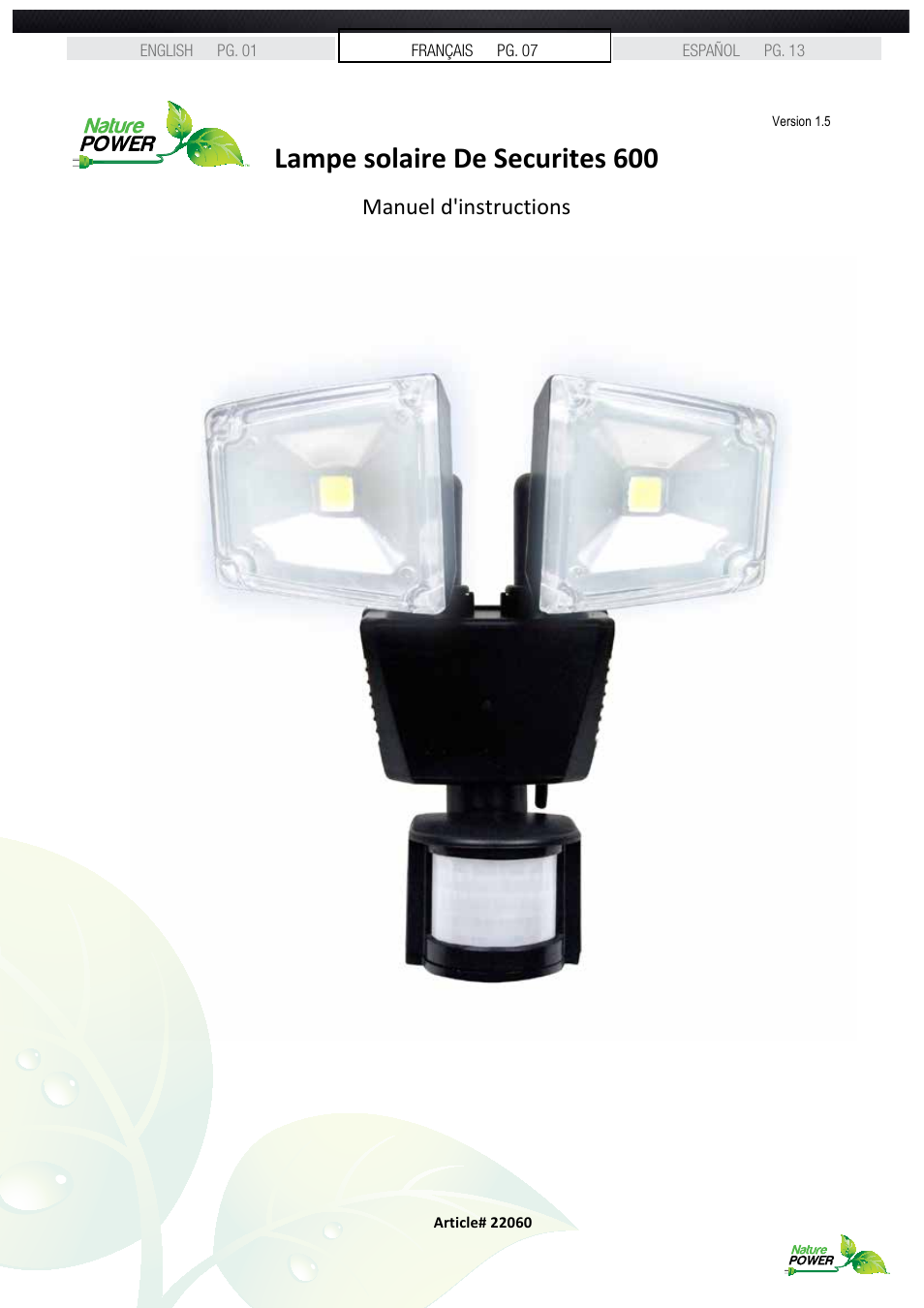 Lampe solaire de securites 600, Manuel d'instructions | Nature Power Solar Motion Light 600 Dual (22060) User Manual | Page 7 / 20