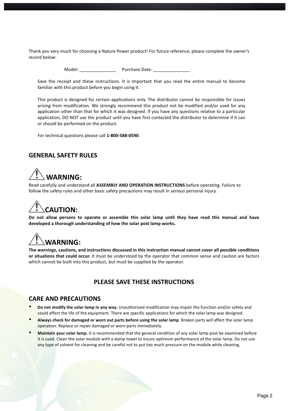 Warning, Caution, General safety rules | Nature Power BAYPORT Solar Post Lamp (23106) User Manual | Page 2 / 4