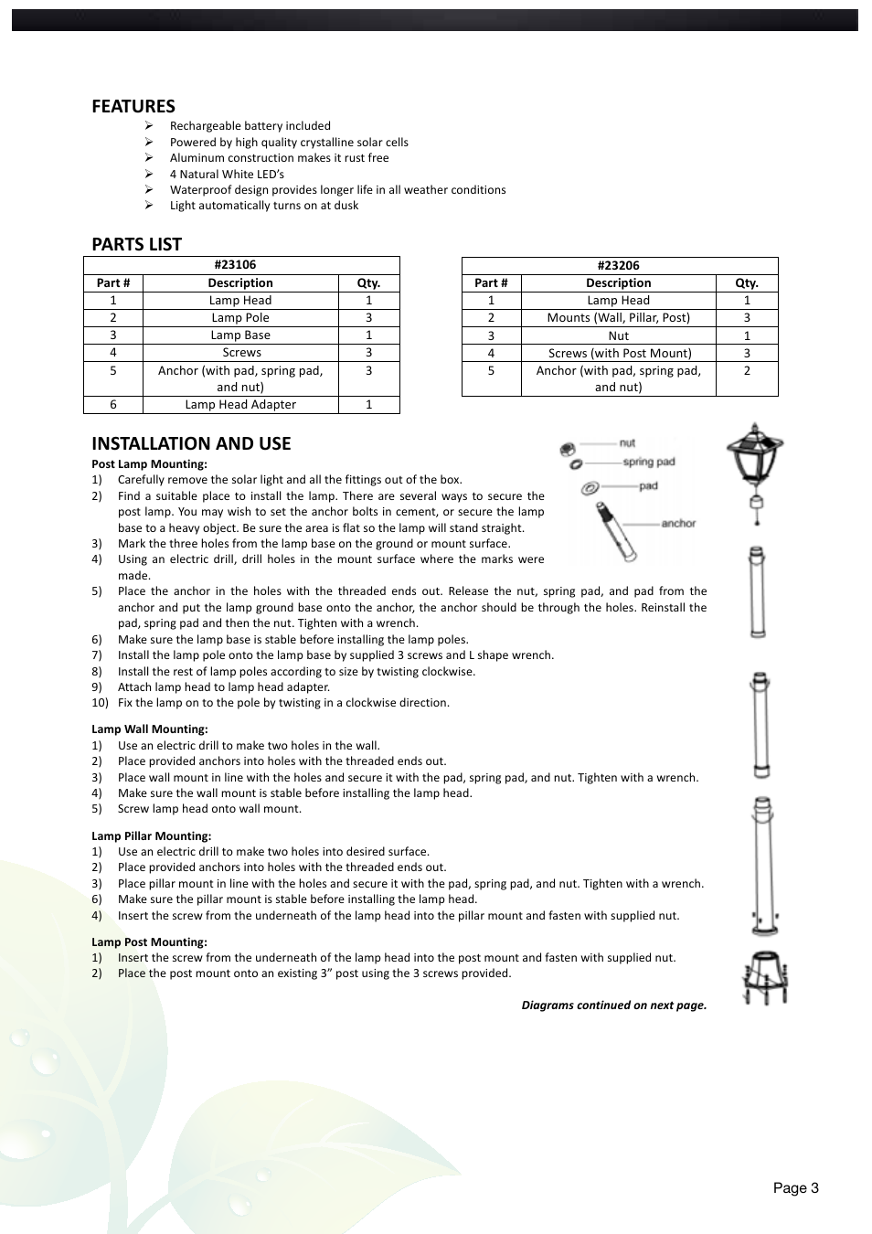 Features, Parts list, Installation and use | Nature Power BAYPORT Solar Post Lamp (23106) User Manual | Page 3 / 4