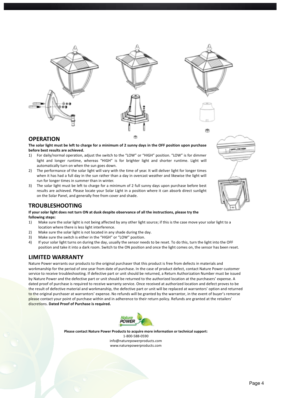 Operation, Troubleshooting, Limited warranty | Nature Power BAYPORT Solar Post Lamp (23106) User Manual | Page 4 / 4