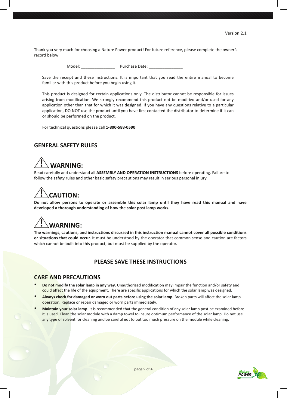 Warning, Caution, General safety rules | Nature Power KONA Solar Powered Lamp (23203) User Manual | Page 2 / 4