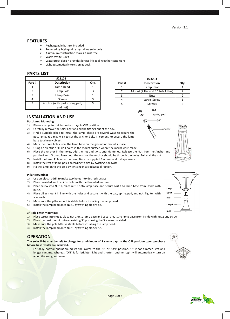 Features, Parts list, Installation and use | Operation | Nature Power KONA Solar Powered Lamp (23203) User Manual | Page 3 / 4