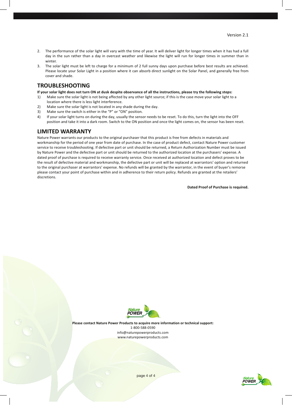 Troubleshooting, Limited warranty | Nature Power KONA Solar Powered Lamp (23203) User Manual | Page 4 / 4