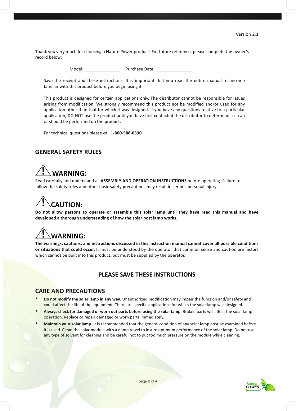 Warning, Caution, General safety rules | Nature Power ESSEX Solar Powered Lamp (23201) User Manual | Page 2 / 4