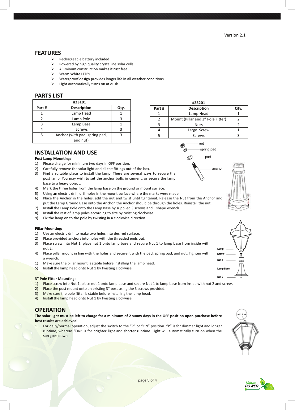 Features, Parts list, Installation and use | Operation | Nature Power ESSEX Solar Powered Lamp (23201) User Manual | Page 3 / 4