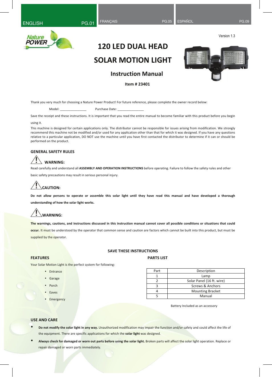 Nature Power 120 LED DUAL HEAD SOLAR MOTION LIGHT (23401) User Manual | 12 pages