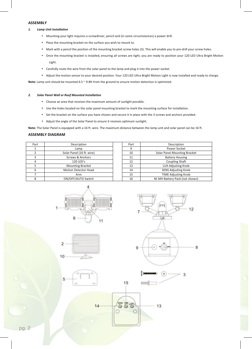 Pg. 2 | Nature Power 120 LED DUAL HEAD SOLAR MOTION LIGHT (23401) User Manual | Page 2 / 12