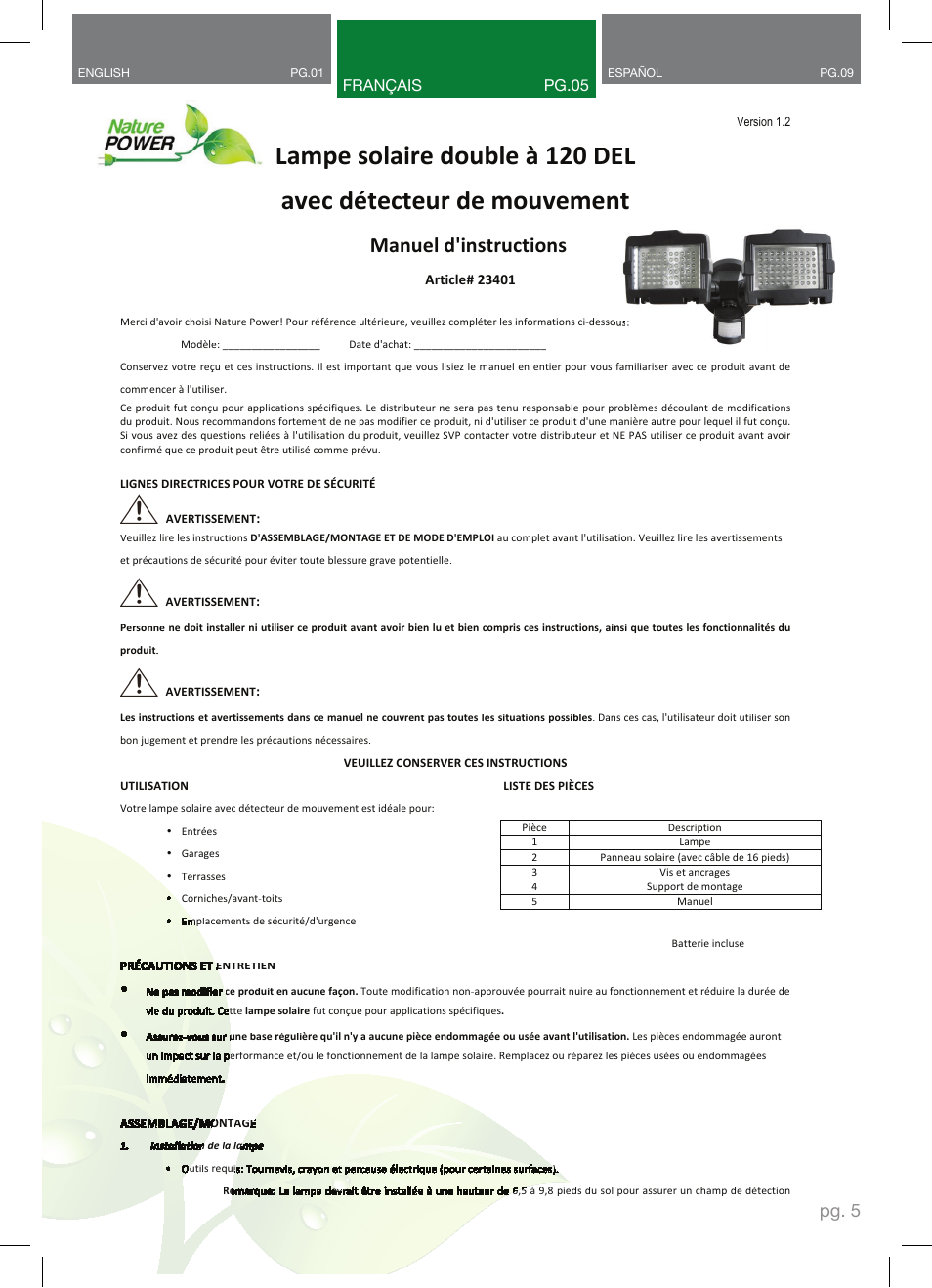 Manuel d'instructions, Pg. 5, Français pg.05 | Nature Power 120 LED DUAL HEAD SOLAR MOTION LIGHT (23401) User Manual | Page 5 / 12
