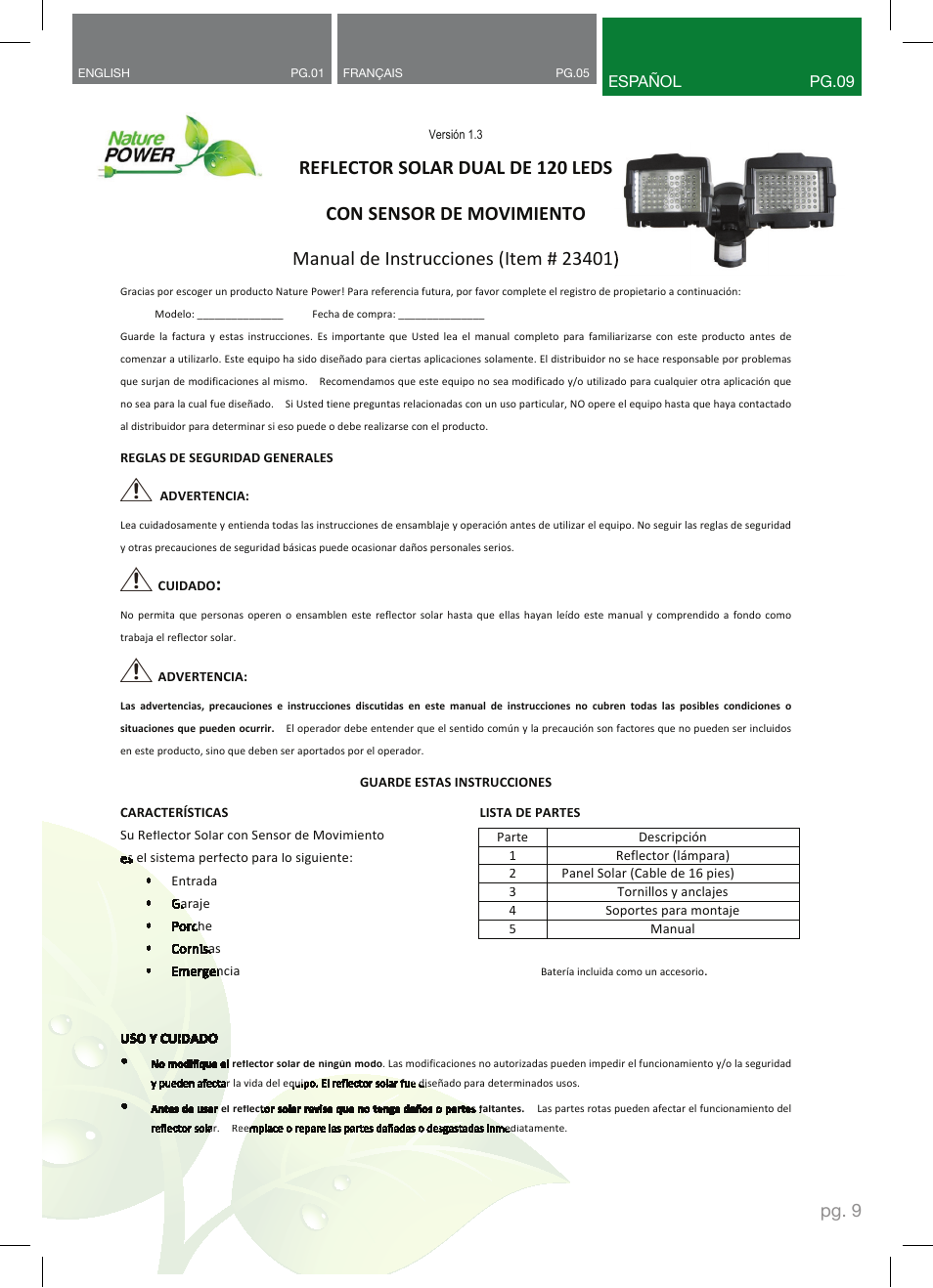 Pg. 9 | Nature Power 120 LED DUAL HEAD SOLAR MOTION LIGHT (23401) User Manual | Page 9 / 12