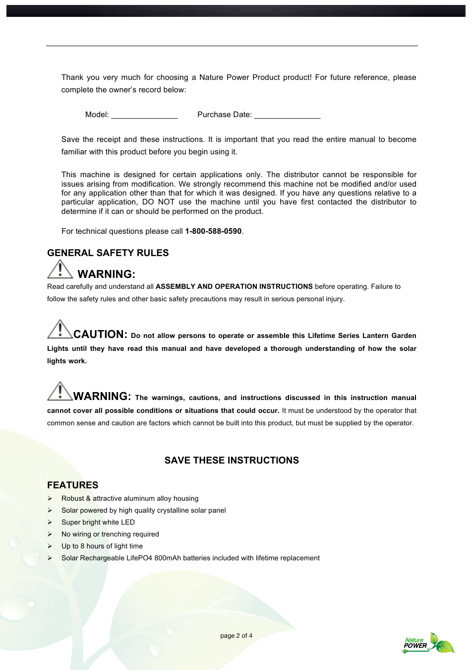 Warning, Caution, General safety rules | Save these instructions features | Nature Power Lifetime Series Lantern Garden Lights (22076) User Manual | Page 2 / 4