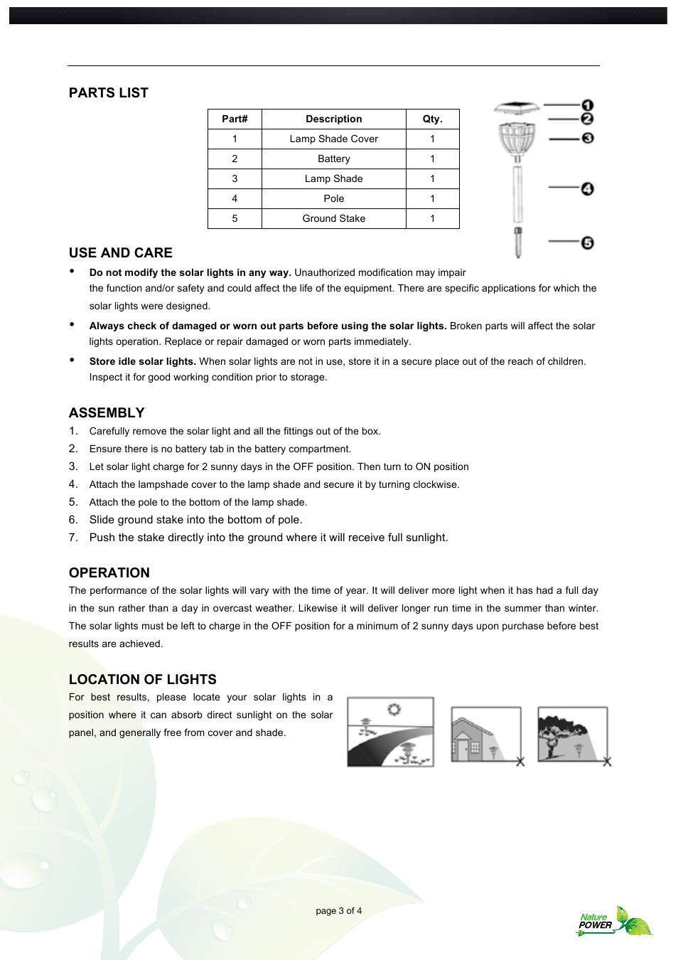 Parts list, Use and care, Assembly | Operation, Location of lights | Nature Power Lifetime Series Lantern Garden Lights (22076) User Manual | Page 3 / 4