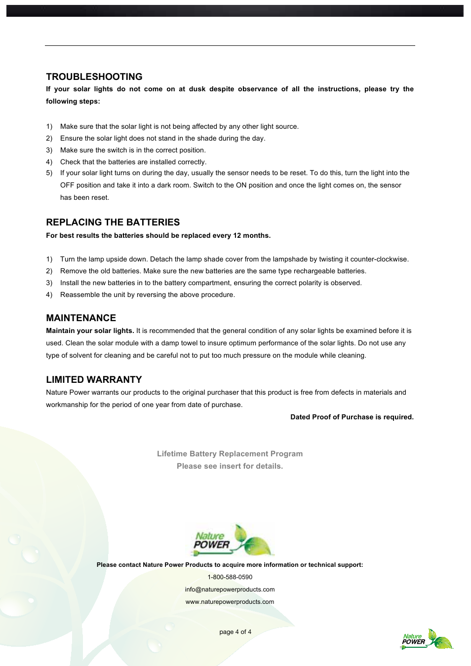 Troubleshooting, Replacing the batteries, Maintenance | Limited warranty | Nature Power Lifetime Series Lantern Garden Lights (22076) User Manual | Page 4 / 4