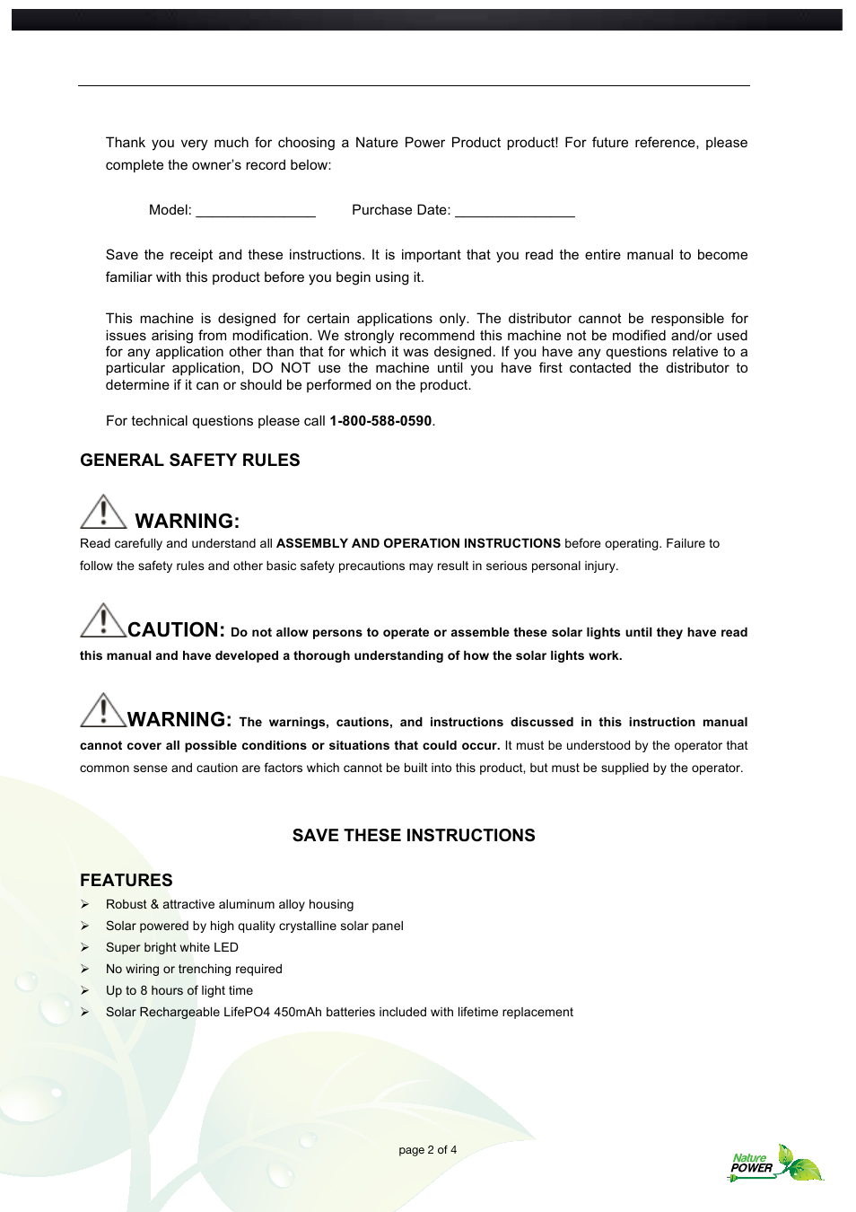 Warning, Caution | Nature Power Lifetime Series Frosted Garden Lights (22075) User Manual | Page 2 / 4