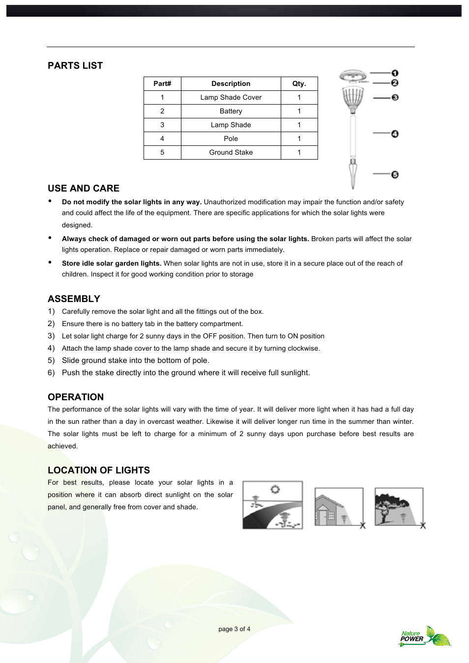 Parts list, Use and care, Assembly | Operation, Location of lights | Nature Power Lifetime Series Frosted Garden Lights (22075) User Manual | Page 3 / 4