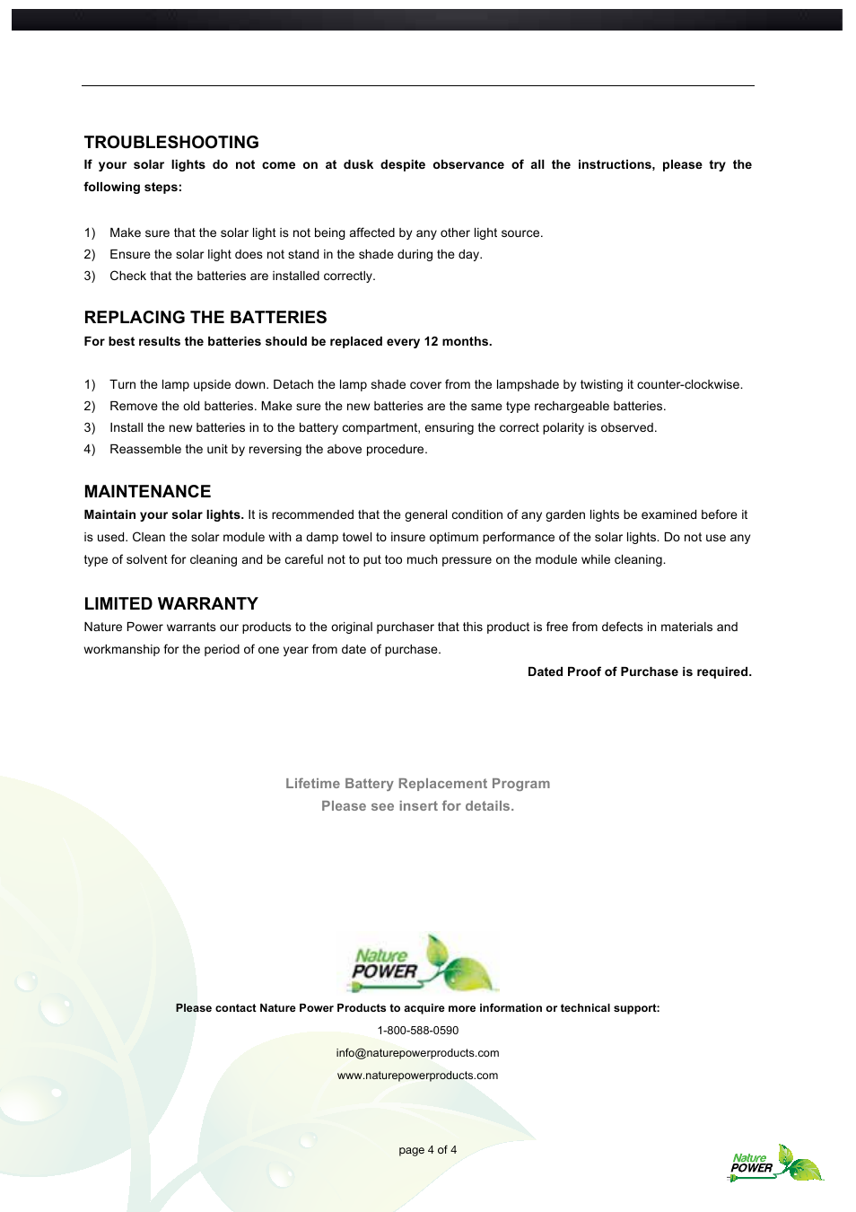 Troubleshooting, Replacing the batteries, Maintenance | Limited warranty | Nature Power Lifetime Series Frosted Garden Lights (22075) User Manual | Page 4 / 4