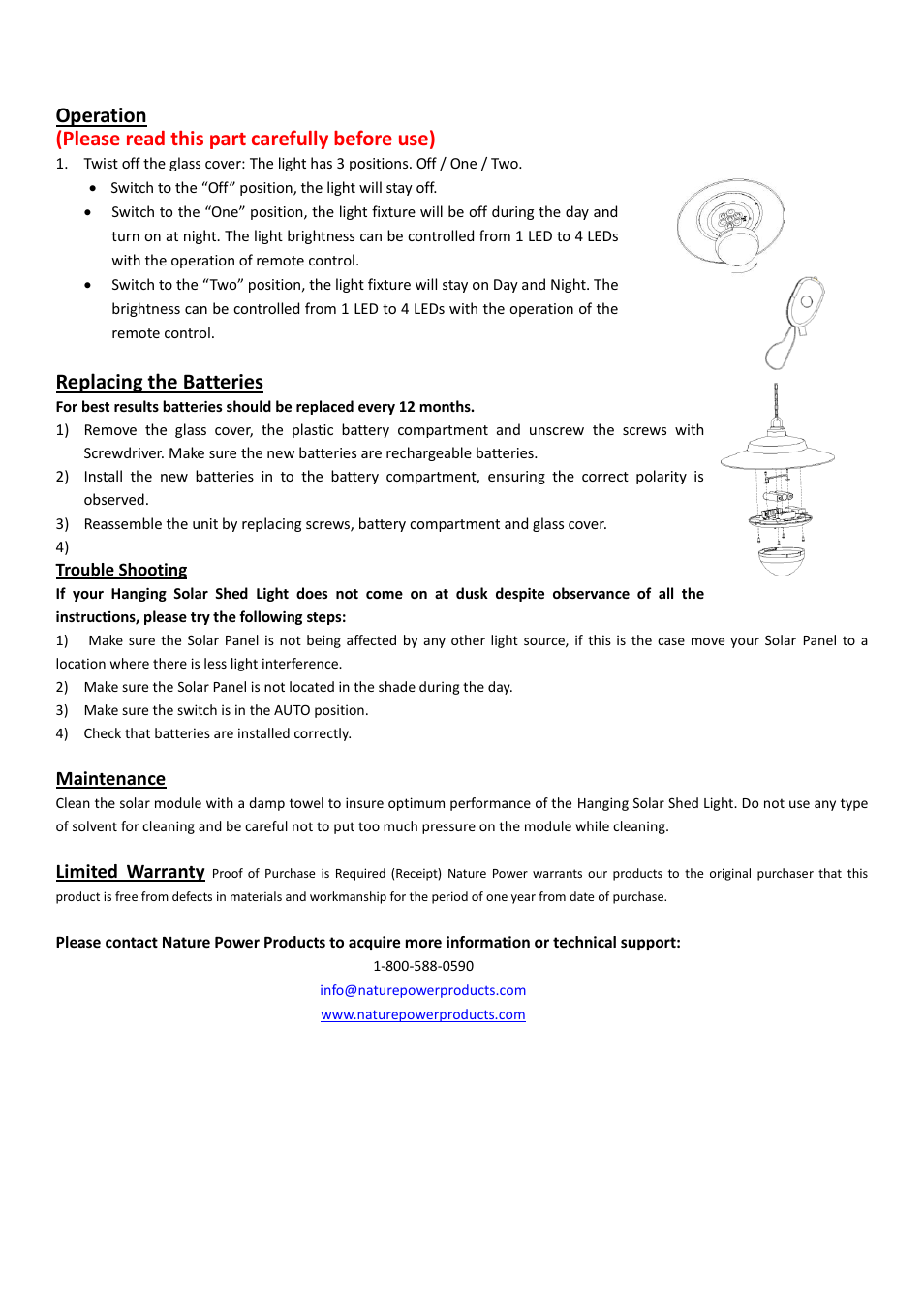 Replacing the batteries, Maintenance, Limited warranty | Nature Power Hanging Solar Shed Light (21030) User Manual | Page 2 / 2