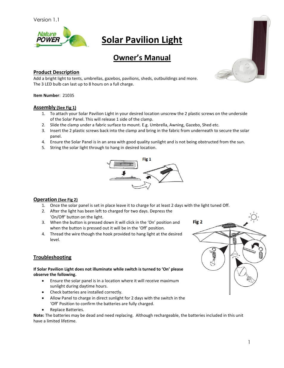 Nature Power Solar Pavilion Light (21035) User Manual | 2 pages
