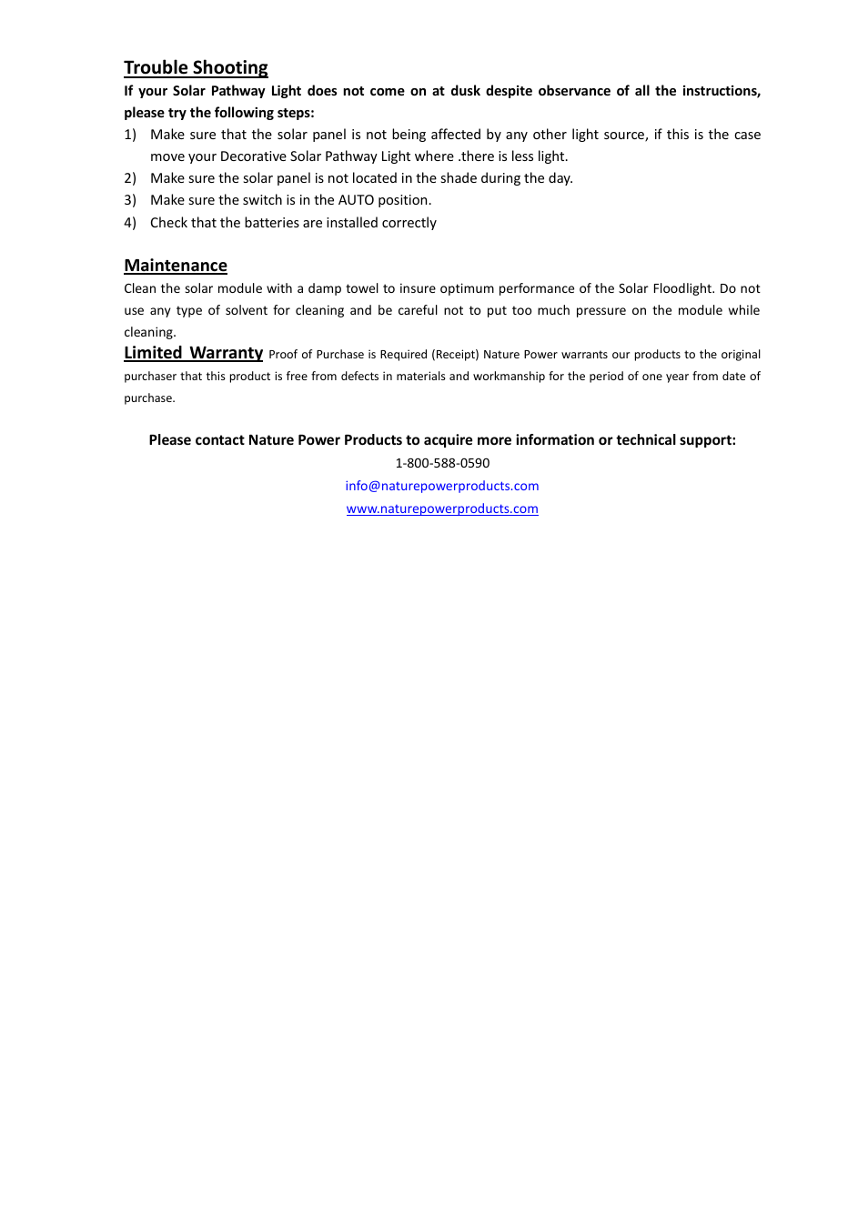 Trouble shooting, Maintenance, Limited warranty | Nature Power Solar Pathway Light (21070) User Manual | Page 2 / 2