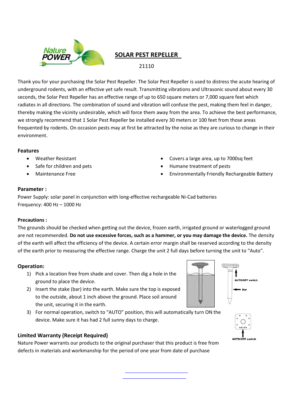 Nature Power SOLAR PEST REPELLER (21110) User Manual | 1 page