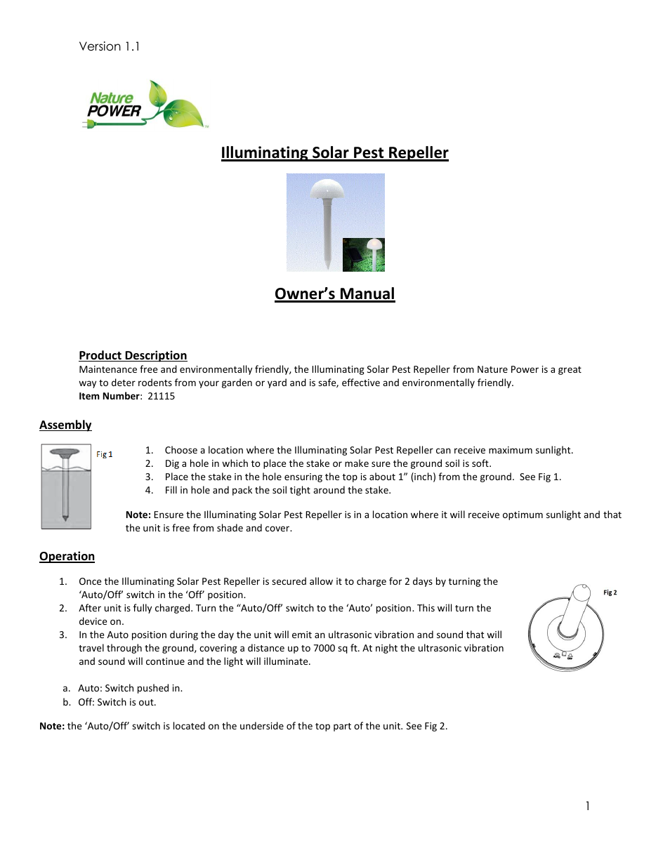 Nature Power Illuminating Solar Pest Repeller (21115) User Manual | 2 pages