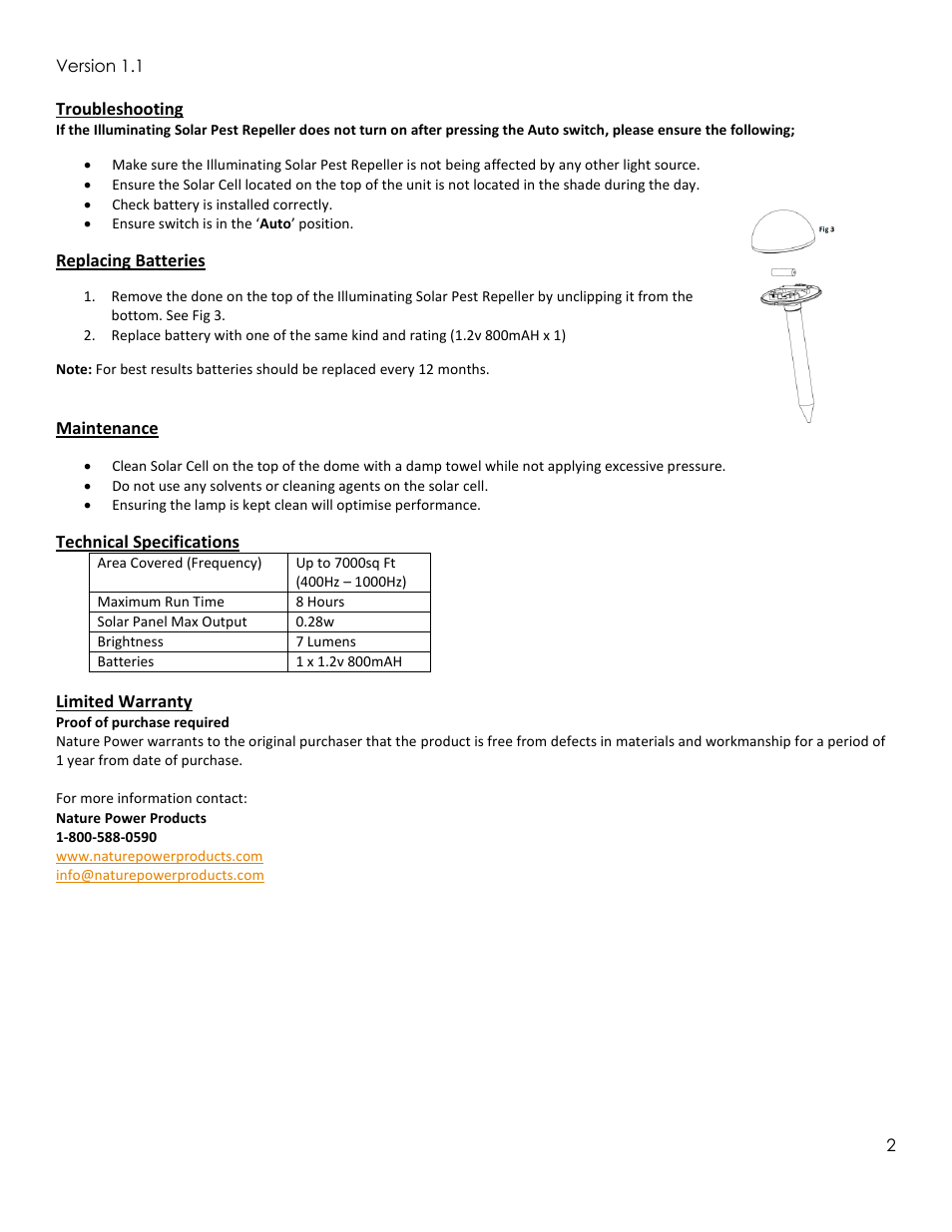 Nature Power Illuminating Solar Pest Repeller (21115) User Manual | Page 2 / 2
