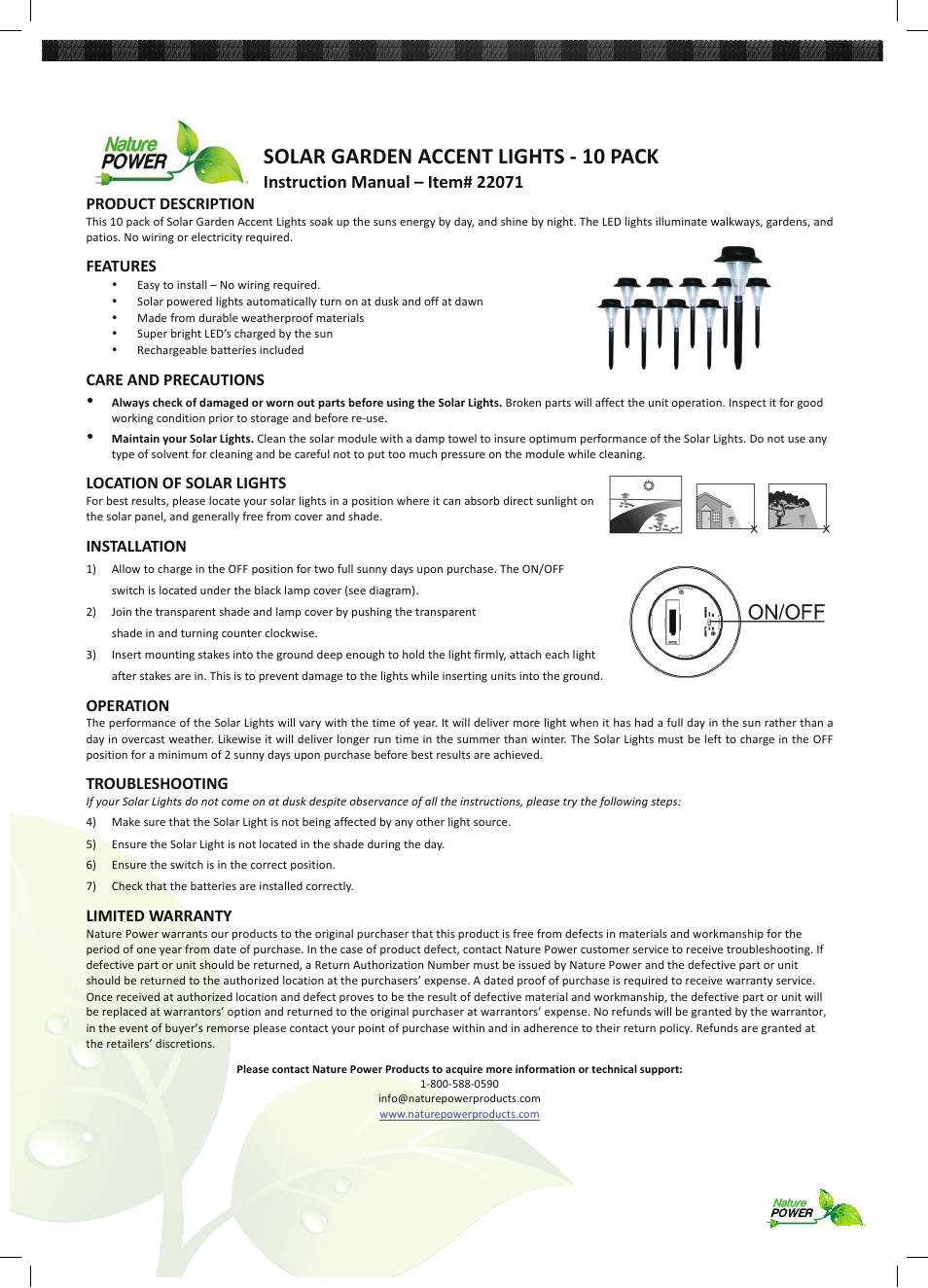 Nature Power SOLAR GARDEN ACCENT LIGHTS 10 PACK (22071) User Manual | 1 page