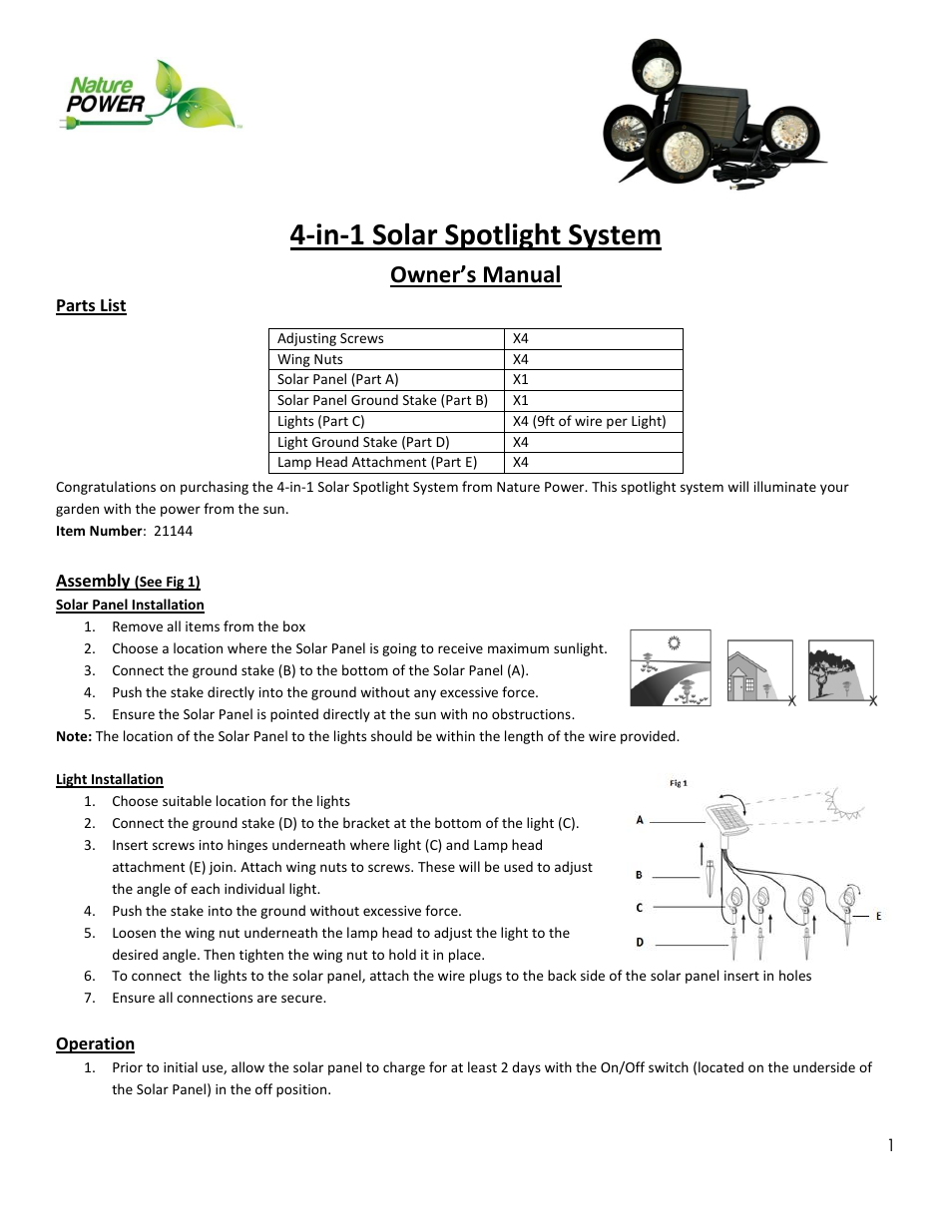 Nature Power 4-in-1 Solar Spotlight System (21144) User Manual | 2 pages