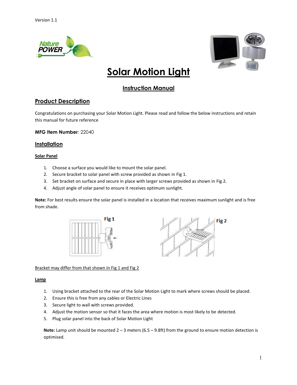 Nature Power Solar Motion Light (22040) User Manual | 3 pages