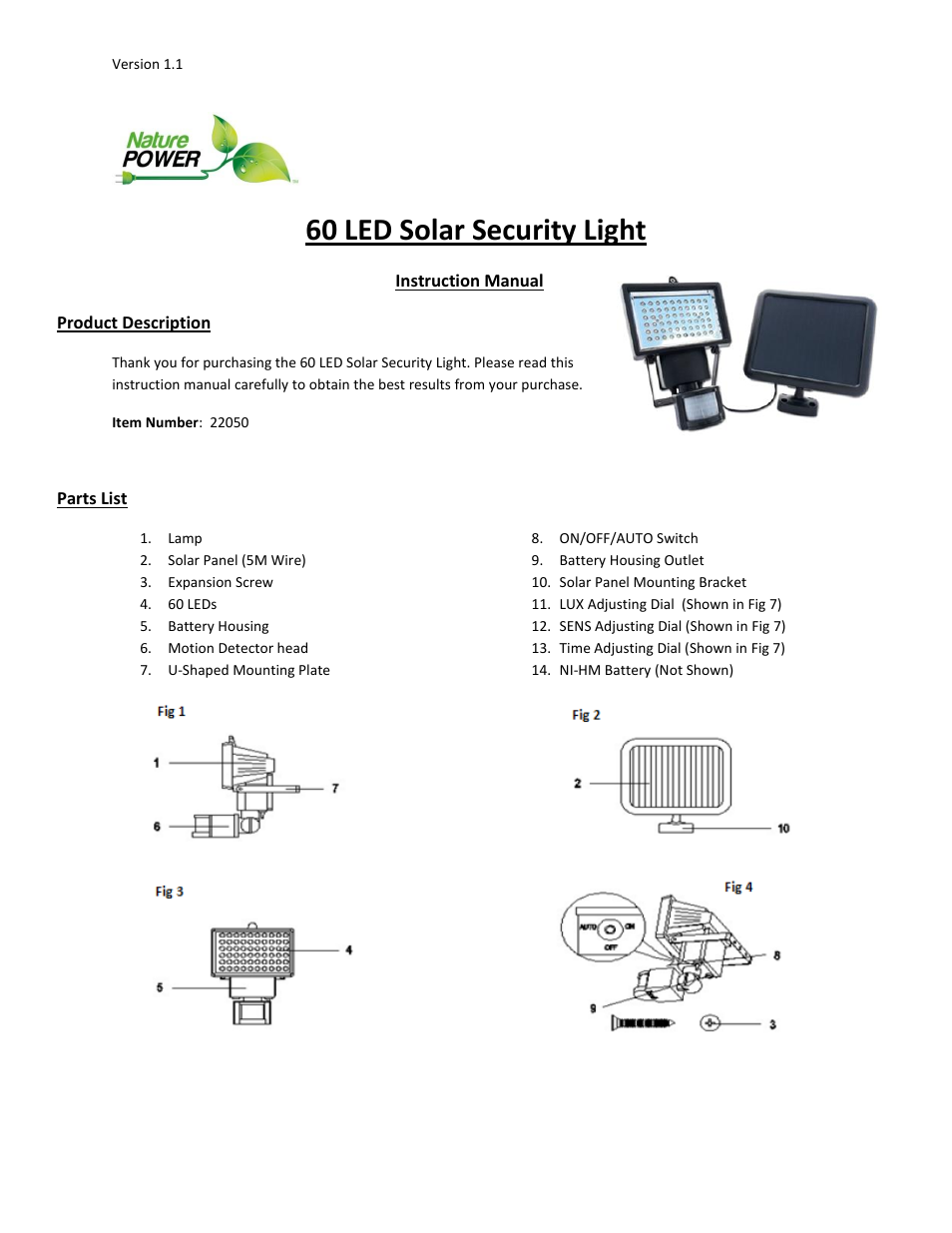 Nature Power 60 LED Solar Security Light (22050) User Manual | 5 pages