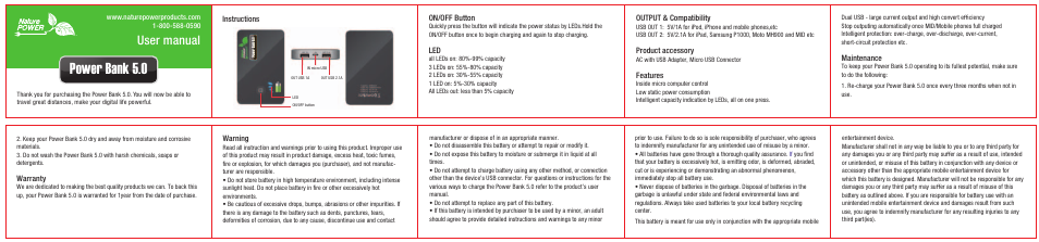 Nature Power Power Bank 5.0 User Manual | 1 page