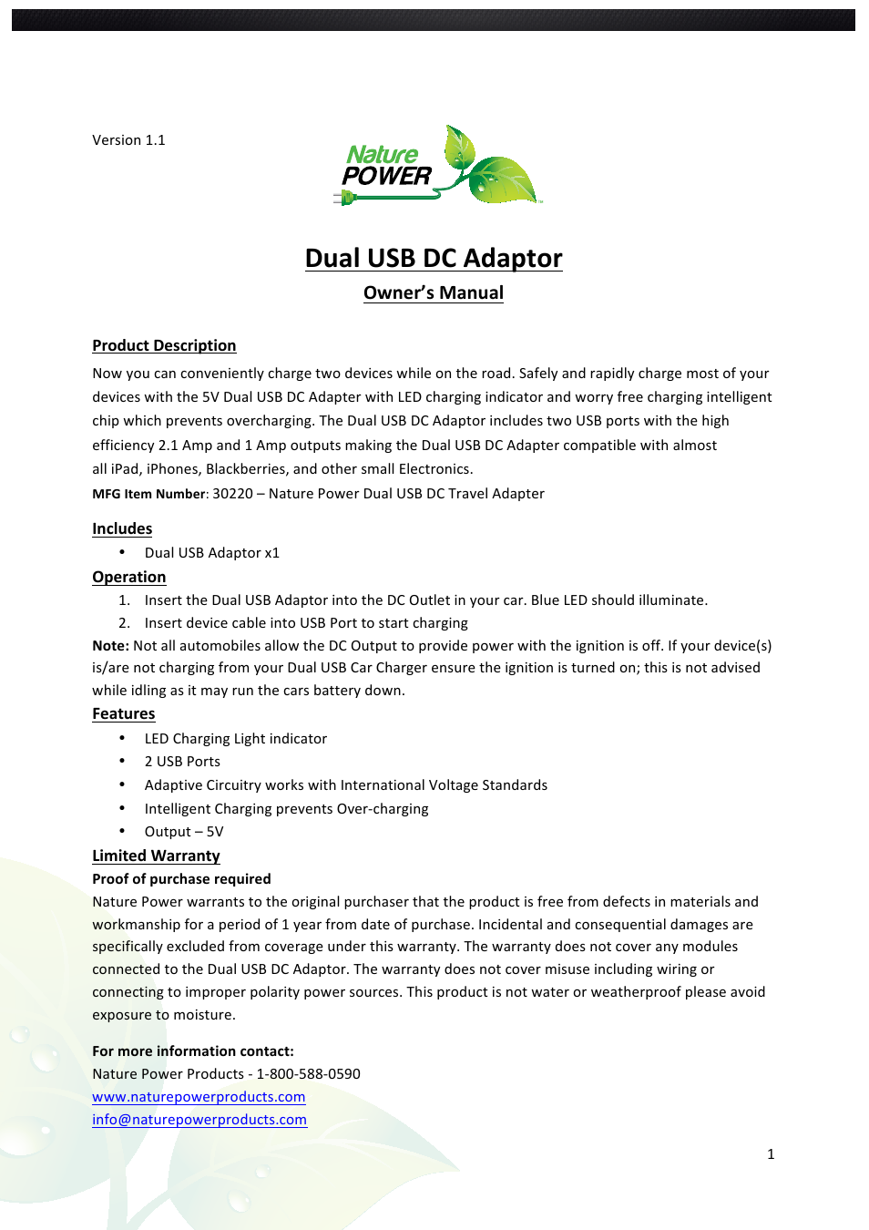 Nature Power Dual USB DC Adaptor (30220) User Manual | 1 page